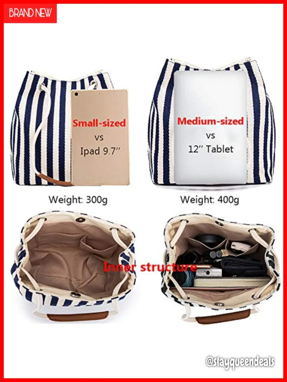 Canvas Striped Hobo Tote Adjustable Strap Work Beach Bag